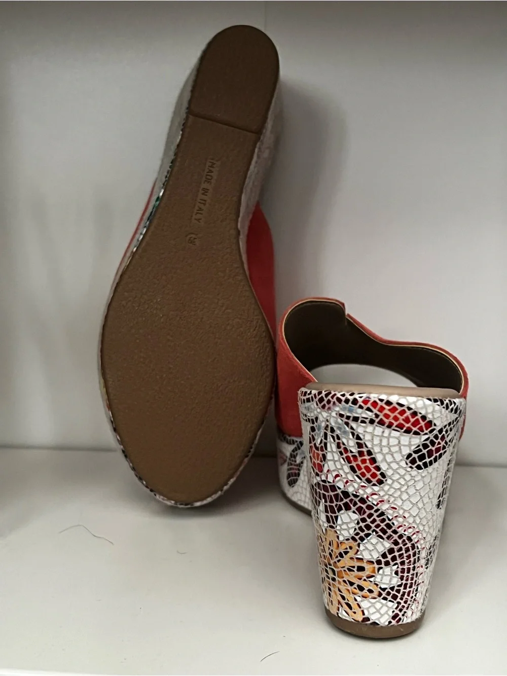 Spring Step Coral Suede Platform Wedge Sandal with Floral Mosaic Heel, sz 39